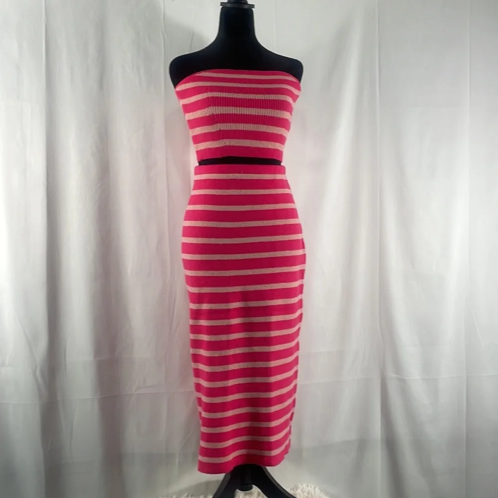 Strapless 2 piece sweater dress,skirt, tube top, Pink,white stripped, Large,New - Picture 8 of 8